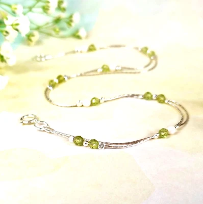 ANKLET 925 Sterling Silver PERIDOT double Chain Ankle Bracelet August Birthstone - Image 1 of 4