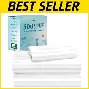 100% Cotton Sateen Twin Sheet Set - Cooling, Deep Pocket with Elastic Fitted - Picture 1 of 10