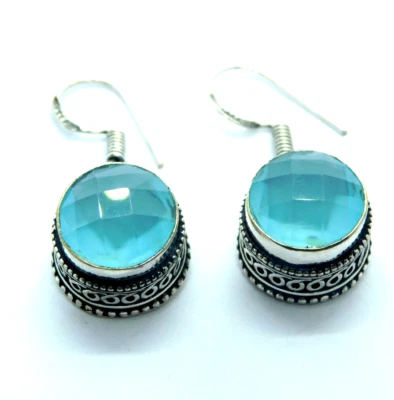 Orecchini calcedonio blu placcato argento 925 pietre preziose fatte a mano gi... - Immagine 1 di 4