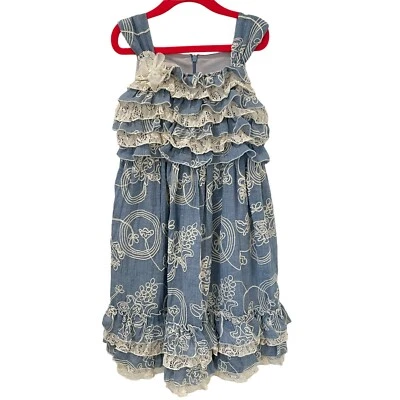 Isobella & Chloe девочек платье размер 7 синий кремовый Chambray кружева детали галстук молнии назад - Изображение 1 из 4