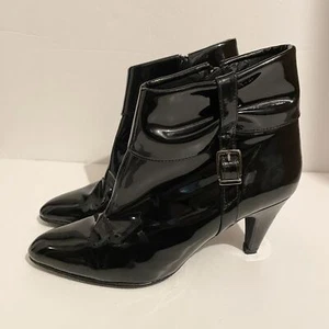Russell and Bromley Black Patent Leather Buckle Heel Ankle Boots EU 41 UK 8 - Picture 1 of 8