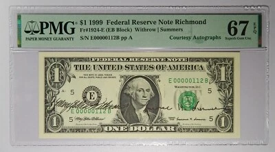 Doble cortesía autografiada 1999 $1 PMG 67 EPQ serie baja #00000112 Foto 1 de 2