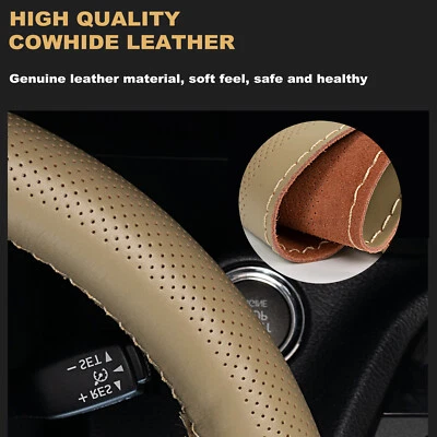 Genuine Leather DIY Car Steering Wheel Cover Anti-slip For 15"/38 cm Beige US - Image 1 of 4