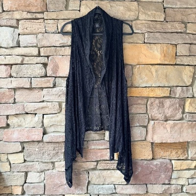 Black Lace Waterfall Duster Vest Cardigan Womens Open Front Sheer Asymmetrical L - Image 1 of 4