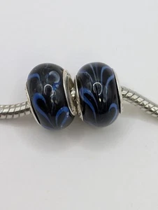 Silver Marked 925 Blue And Black Glass Bead Charms X2 - Picture 1 of 4