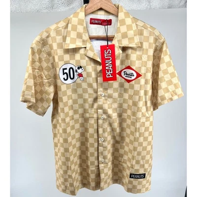 Peanuts Short Sleeve Button Up Shirt Small Checkered Snoopy Motorsport NWT $78 - Image 1 of 4