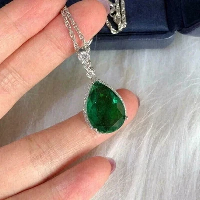 14K White Gold Plated 4.00Ct Pear Cut Lab Created Green Emerald Women's Pendant - Image 1 of 4