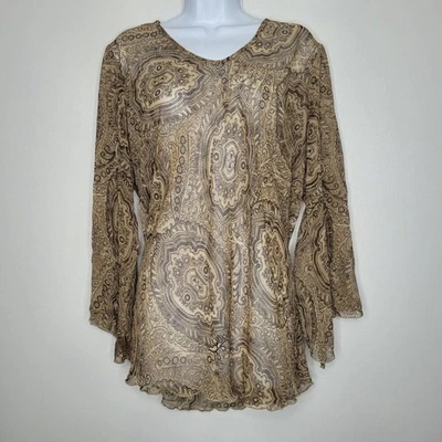 Vintage y2k brown tan boho print semi sheer lace up back plus size witchy top 2x - Image 1 of 4