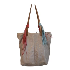 The SAK Stylish Beige Leather Tote with Pastel Blue & Peach Tassel Fringe Boho - Picture 1 of 14