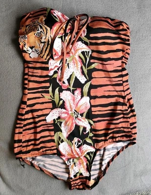 Traje de baño vintage años 50 Sears rayas tigre floral de una pieza talla 14 pinup  Foto 1 de 4