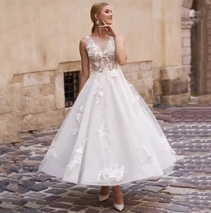 Sexy Crew Neck Sleeveless Wedding Dress 3D Flowers Applique See Through Ankle - Picture 1 of 10