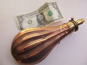 LGE. 9" Antique 1820 Copper PATENT POWDER FLASK, Flintlock Musket, Rifle Militia - Picture 1 of 10