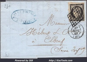 FRANCE CERES 20c N° 3 SUR LETTRE AVEC GRILLE + CAD TYPE 15 PARIS DU 29/09/1849 - Picture 1 of 2