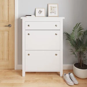 Deluxe Two Tier Shoe Cabinet Hallway Shoe Organiser Storage 1 Drawer White - Picture 1 of 12