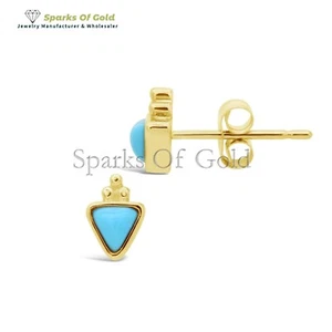 Genuine Turquoise Pyramid Studs Earrings 14k Yellow Gold minimalist Jewelry Gift - Picture 1 of 3