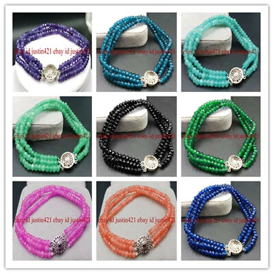 3 Rows Faceted 2x4mm Topaz/Jade/Agate Rondelle Gems Beads Bracelet 7.5'' AAA - Image 1 of 4