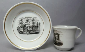 (T7113) Biedermeier Tasse mit Untertasse um 1850, Schwarzlot Malerei, Landschaft - Picture 1 of 8