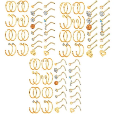 32 peças de brincos de piercing de ouro 20G com osso/forma de L/parafuso nariz cravejado joias - Imagem 1 de 4