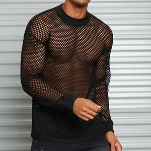 Mens Long Sleeve See Through T Shirt Breathable Mesh Top for Nightclub - Picture 1 of 13