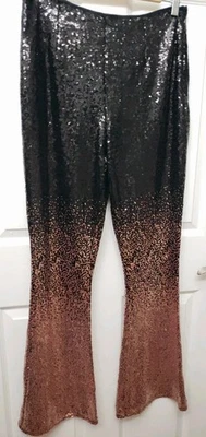 Venus Size 8 Cocktail Flare Pants Side Zipper Black/Gold Sequined, 34" inseam - Image 1 of 4