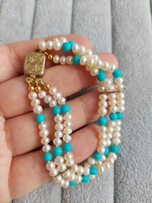 Wunderschöner Perlenarmreif aus echten Perlen und Türkis, Armband, Silber 925✨️ - Bild 1 von 4