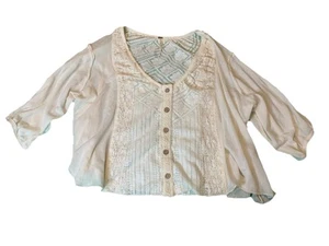 Free People Ivory Crochet Lace Button Down Bohemian blouse top Large - Picture 1 of 10