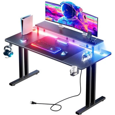 Gaming Desk with LED Lights & Power Outlets, Gamer Desk with Monitor Stand - Image 1 of 4