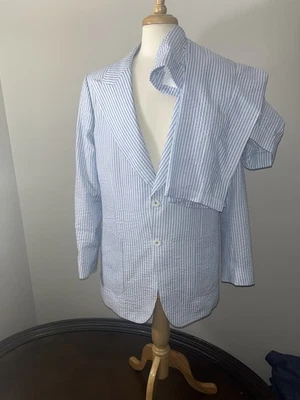 Traje Seersucker a medida Albert 1941 azul marino rayas tiza 48L lino solapa ancha  Foto 1 de 4