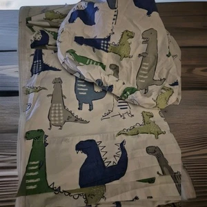 Pottery Barn Kids QUEEN Dinosaur FLAT & FITTED Sheet 100% Organic Cotton - Picture 1 of 12