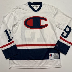 Vintage Champion Brand Hockey Jersey Men's Size XS White #19 V-Neck Thin - Picture 1 of 12