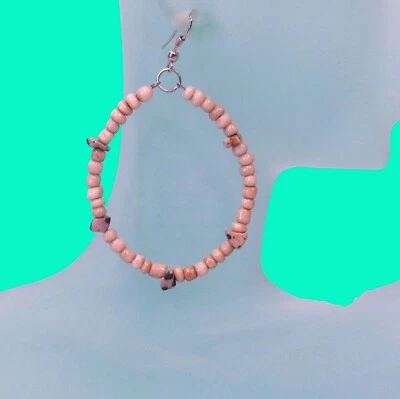 2" Stone Chip Beige Color Oval Bohemian Handmade Bali Seed Bead Hoop Earring - Image 1 of 4