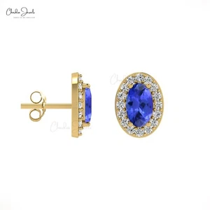 Diamond Halo Earrings with 5x3mm Oval Tanzanite in 14K Solid Gold Pushback Stud - Picture 1 of 22