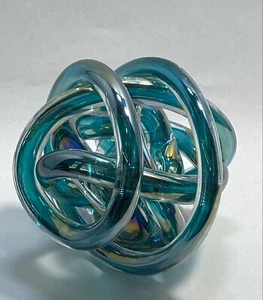 Blue Teal Iridescent Endless Love Friendship Knot Art Glass Paperweight - Picture 1 of 4