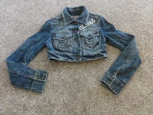 JUNIOR LADIES DENIM BLUE RHINESTONE CROPPED JEAN JACKET SIZE XS BY GUESS - Picture 1 of 11