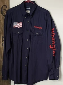 Wrangler Herren XL dunkelblau Button Down LS Hemd Rodeo bestickt Logo Flagge - Bild 1 von 10