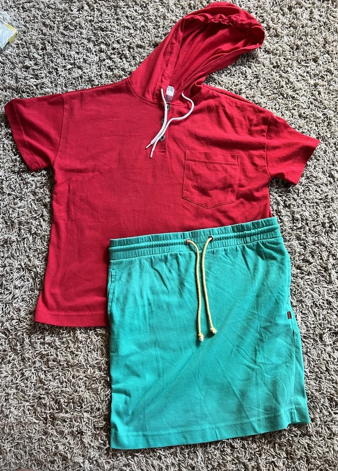 ESPRIT Vtg 90s Girl's Green Skirt & Red Hood T Shirt Outfit Size 11 Vintage Foto 1 de 4