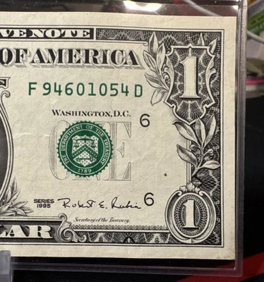 😎  $1 1995 F-D  Plate #4/9  RUN 15 ( WEB NOTE)  FEDERAL RESERVE NOTE - XF-AU - Image 1 of 4