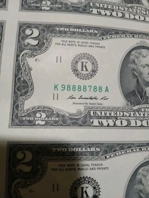 $2  Dollar  Uncut Currency Sheet of 16 Notes 2013 Dallas RARE K98888788A - Image 1 of 4