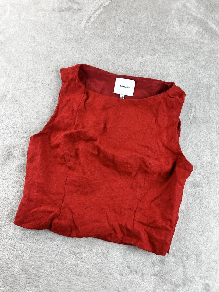 Camiseta sin mangas Reformation para mujer talla 4 roja de lino sin mangas recortada con cremallera lateral Foto 1 de 4