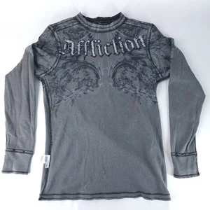 Affliction Long Sleeve Y2K T Shirt Mens Medium Black Gray Reversable Skull Wings - Picture 1 of 16