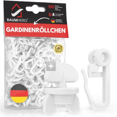100 x Gardinenröllchen Kopf-Ø 8mm + 6 x Feststeller Gardinenhaken Rollringe - Bild 1 von 4