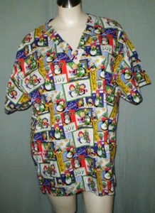 White Swan White XL Scrub Top Christmas Theme Penguins Cotton - Picture 1 of 8