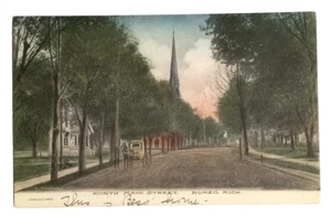 North Main Street Romeo Michigan MI Postkarte um 1908 handkoloriert Pferd & Buggy - Bild 1 von 2