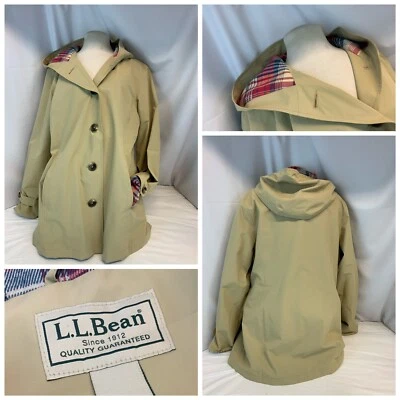L.L. Sobretudo com capuz Bean XL feminino bege poli xadrez forrado usado uma vez YGI C1-190 - Imagem 1 de 4