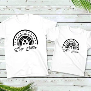 Kids Girls Sibling Love Big Little Sister T-Shirt Cute Rainbow Heart Matching - Picture 1 of 2