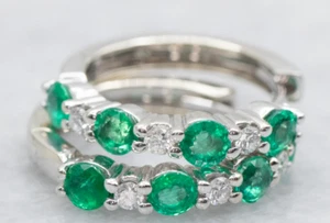 1CT Round Lab Created Emerald Diamond Huggie Hoop Earrings 14K White Gold Plated - Picture 1 of 5