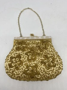 Borsa da sera vintage con perline d'oro con cinturino a catena floreale fatta a mano a Hong Kong - Foto 1 di 10