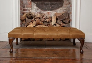 Large Chesterfield Queen Anne Footstool in Vintage Tan Leather Handmade in UK - Picture 1 of 3
