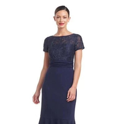 J S Collection Celia Mixed Media Mermaid Gown in Navy Sz 6 MSRP $289 — 第 1/4 张图片