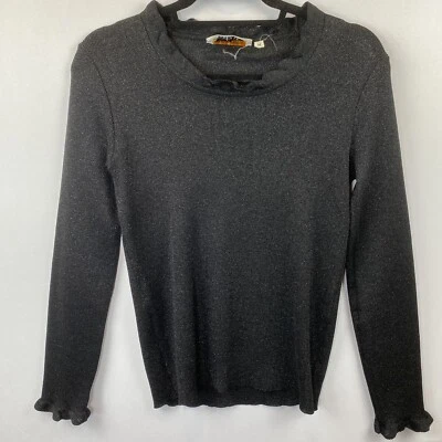 Vintage 1970s Joyce Sweater Black Sparkly Metallic Flutter Cuff Medium Cute - Image 1 of 4